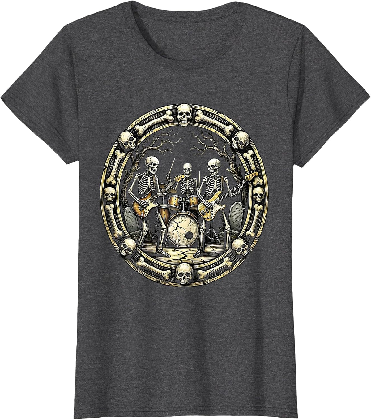 Women's Skeleton Band Graveyard Stage Rock Illustration T-Shirt - Dark Heather Grey