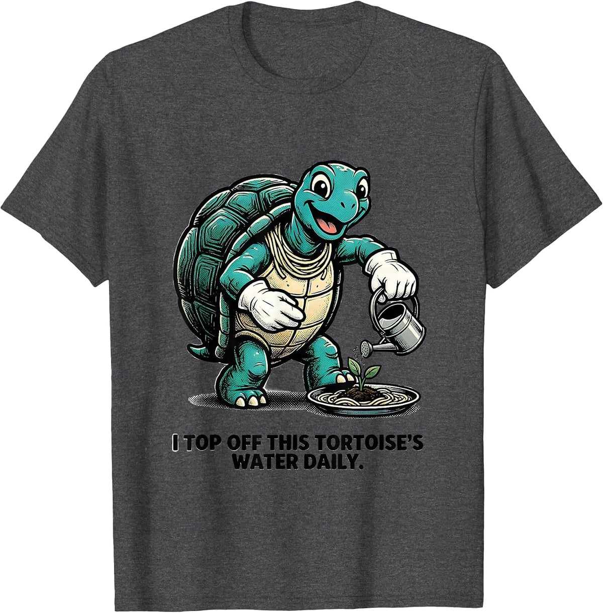 Men's I Top Off This Tortoise's Water Daily Retro Cartoon Turtle T-Shirt - Dark Heather Grey