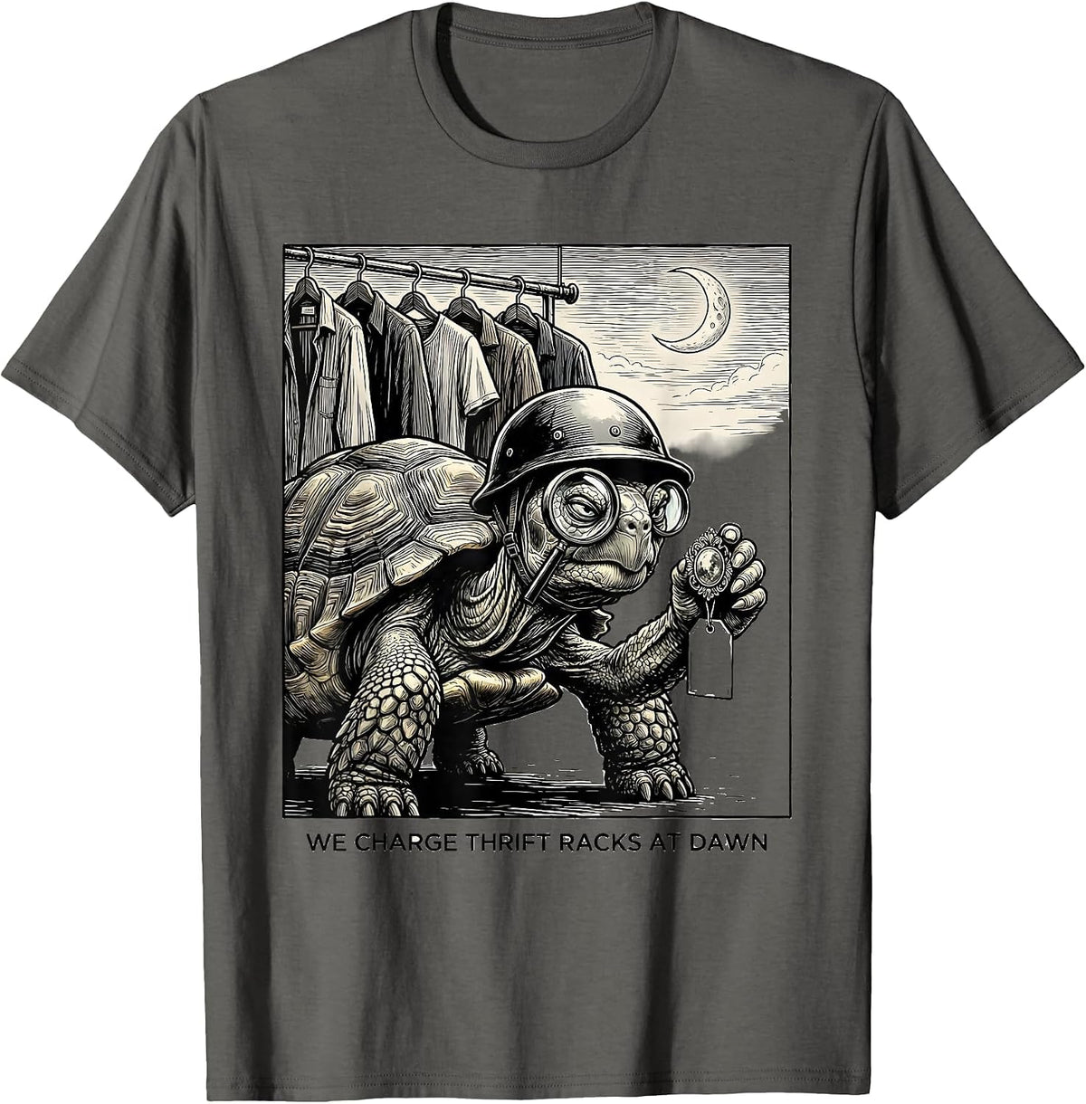 We Charge Thrift Racks At Dawn Funny Tortoise Vintage T-Shirt - Asphalt Grey