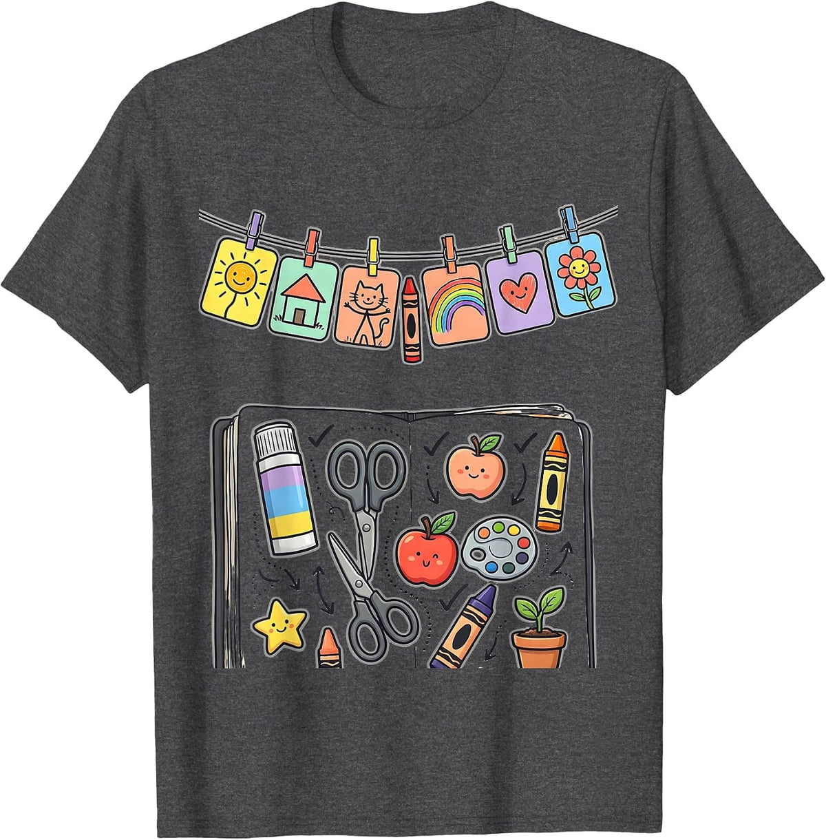 Men's Kindergarten Teacher Clothesline Kids Art Design T-Shirt - Dark Heather Grey