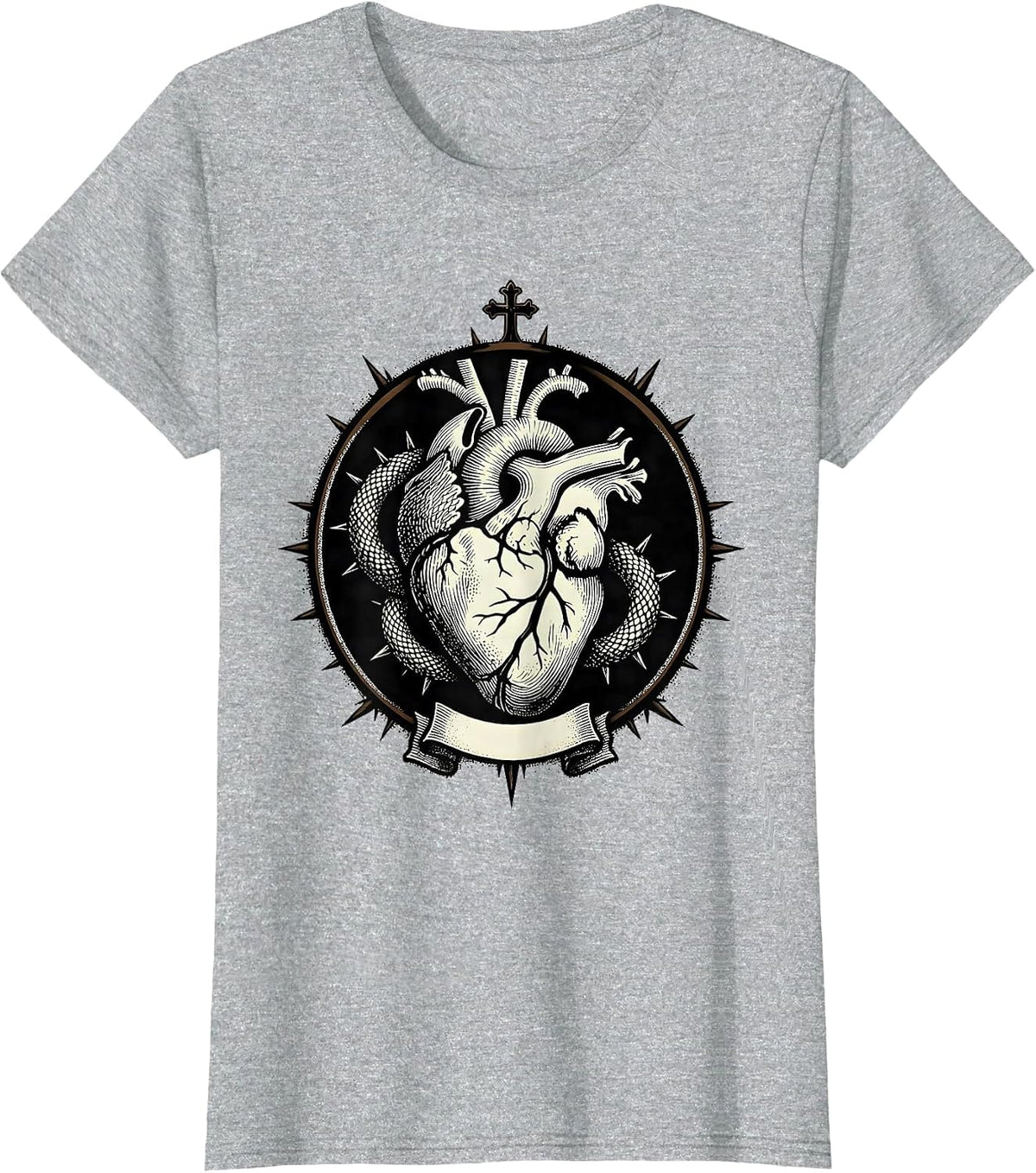 Women's Heart Serpent Shield Alt Goth Y2K Grunge Streetwear T-Shirt - Heather Grey
