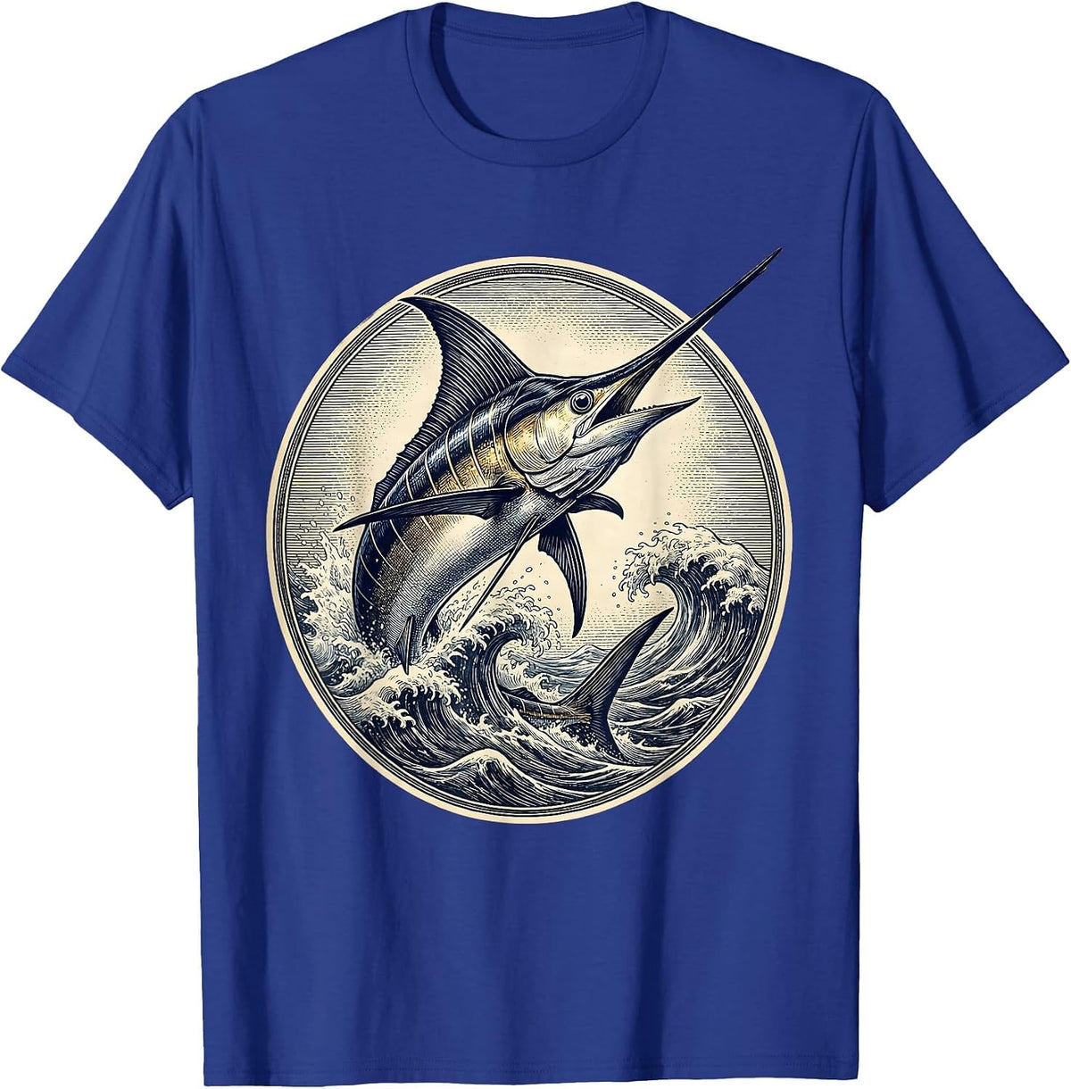 Giant Marlin Breaching Ocean Waves Fishing Design T-Shirt - Royal Blue