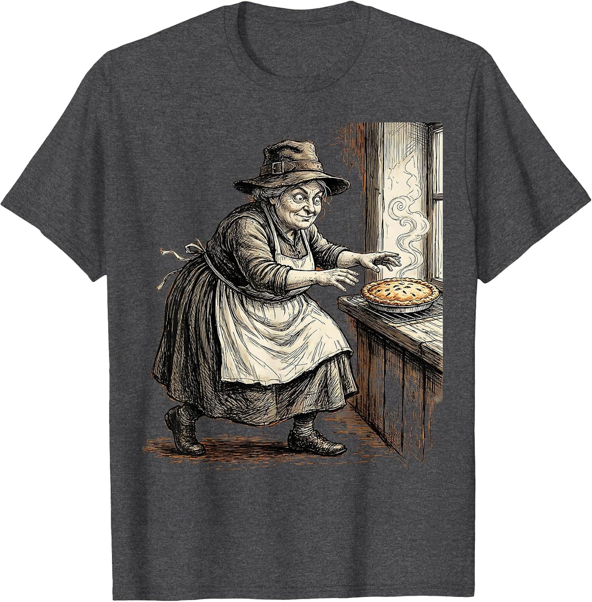 Funny Thanksgiving Pilgrim Pie Sneak Graphic T-Shirt - Dark Heather Grey