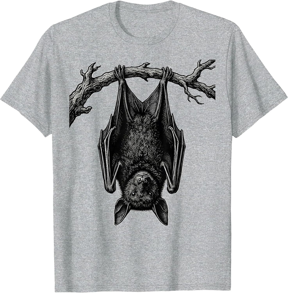 Men's Bat Hanging Woodcut Engraving Gothic Bat Lover T-Shirt - Heather Grey