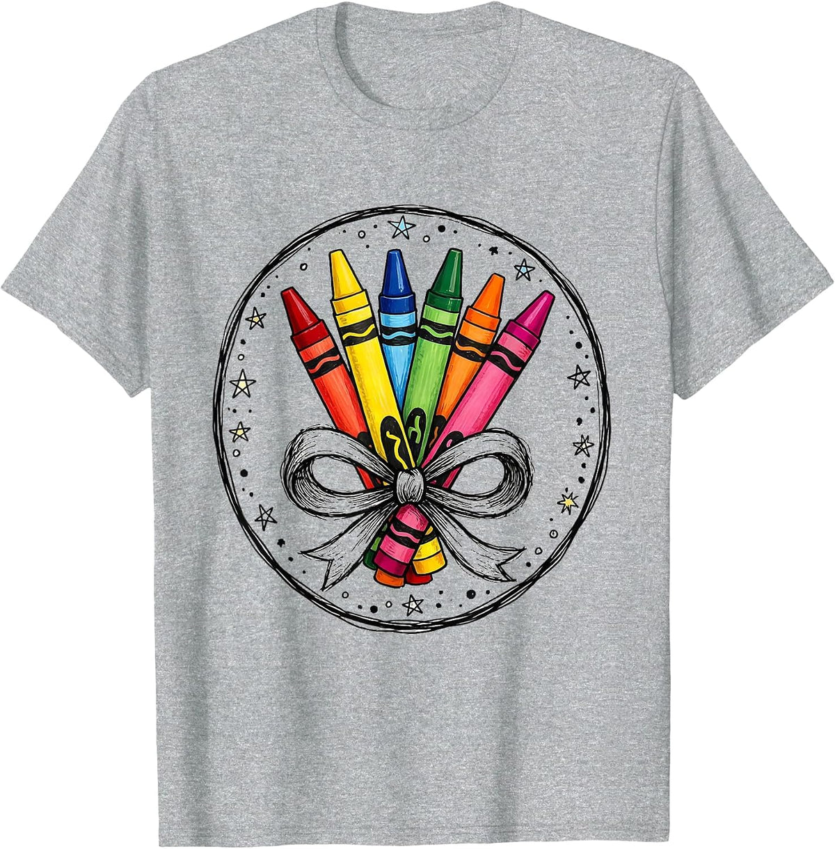 Men's Kindergarten Teacher Crayon Bundle Bow Graphic T-Shirt - Heather Grey