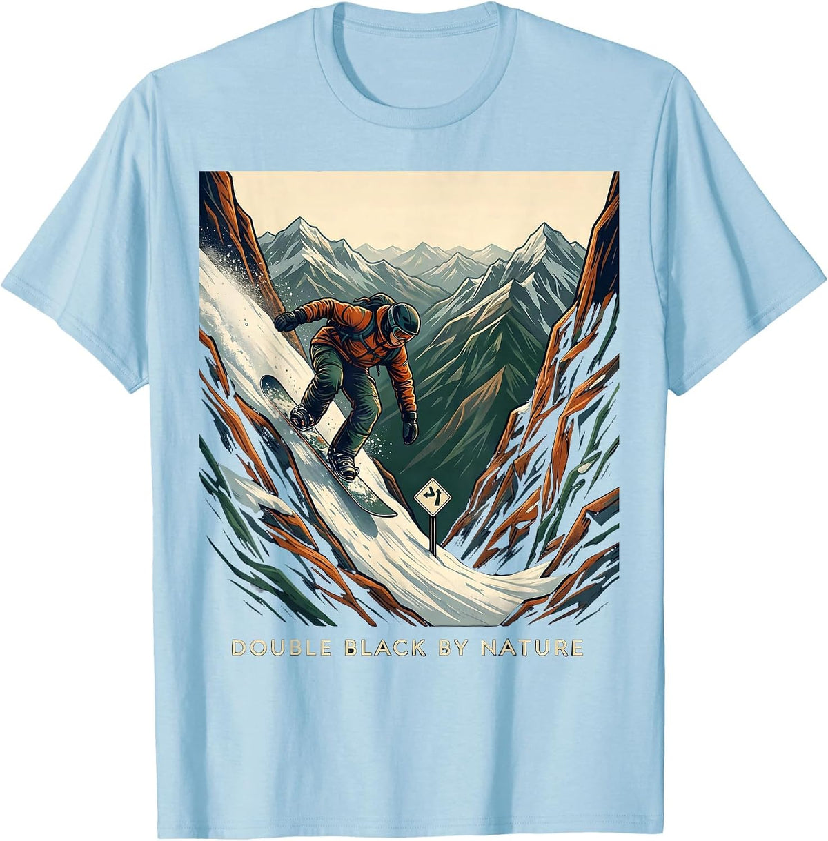 Men's Double Black By Nature Funny Ski Snowboard Winter Sports T-Shirt - Baby Blue