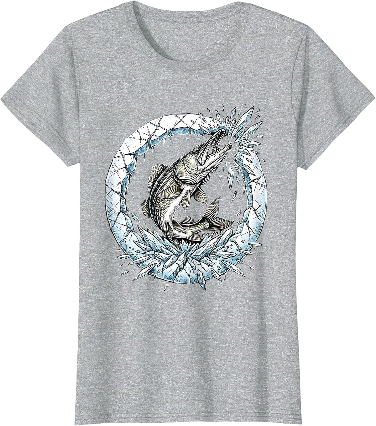 Pike Bursting Through Ice Hole Fishing Graphic T-Shirt - Heather Grey