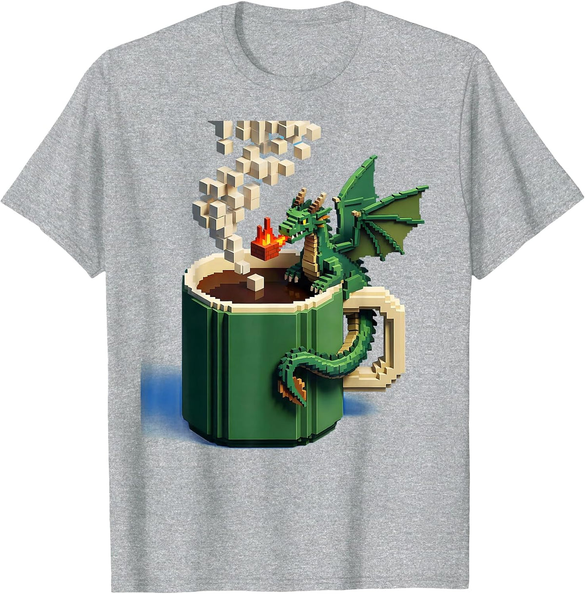 Men's Pixel-Art Dragon Mug Fantasy Gamer Whimsical Pride T-Shirt - Heather Grey
