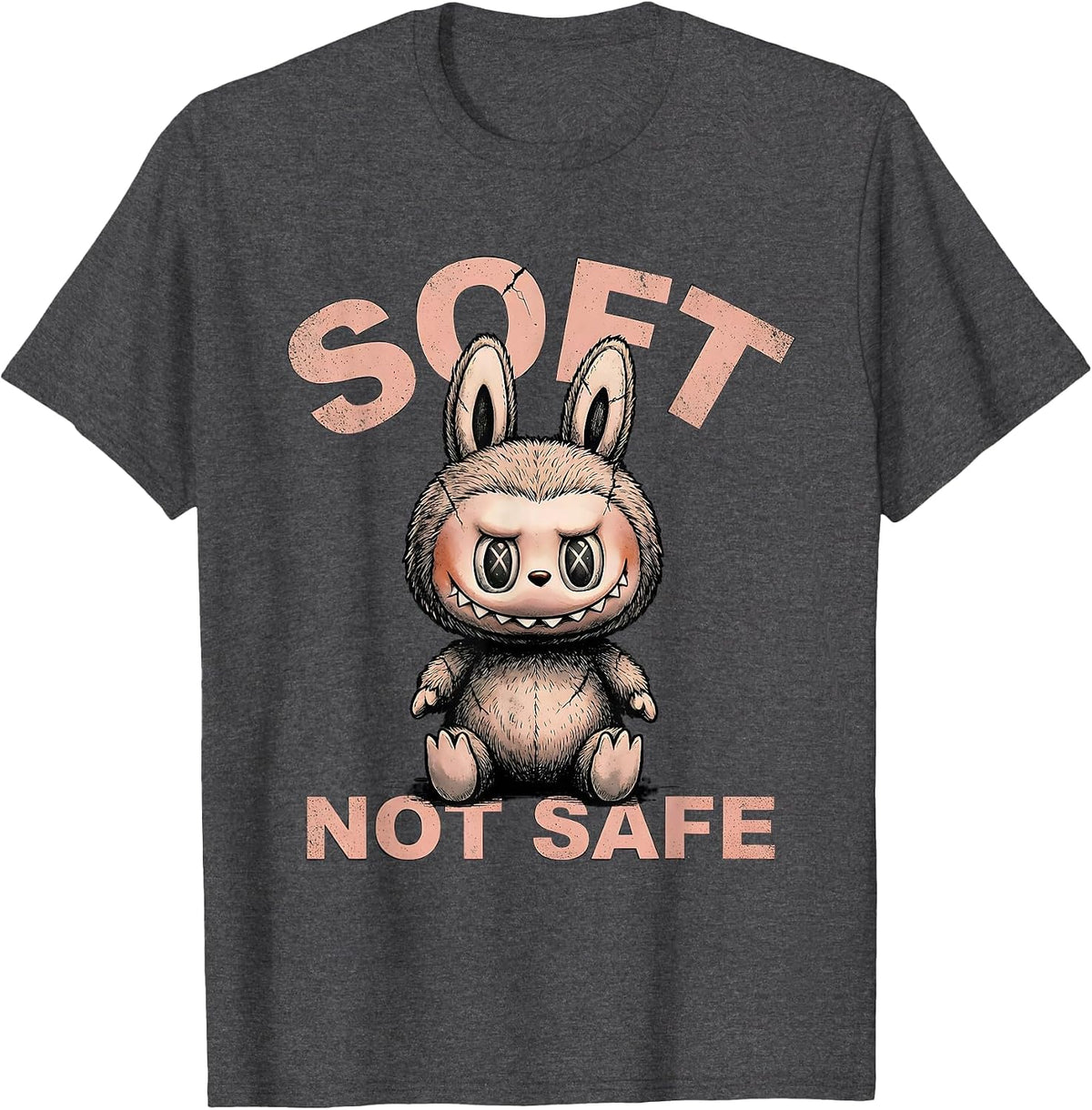 Soft, Not Safe Distressed Creepy Cute Goth Bunny Horror T-Shirt - Dark Heather Grey