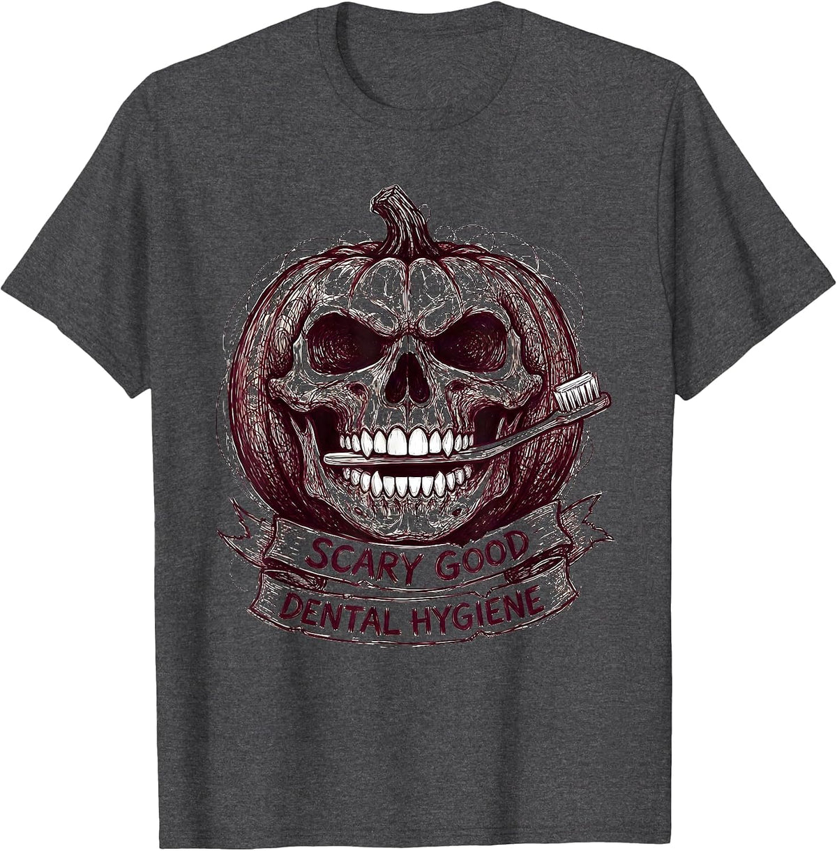 Scary Good Dental Hygiene Halloween Design T-Shirt - Dark Heather Grey
