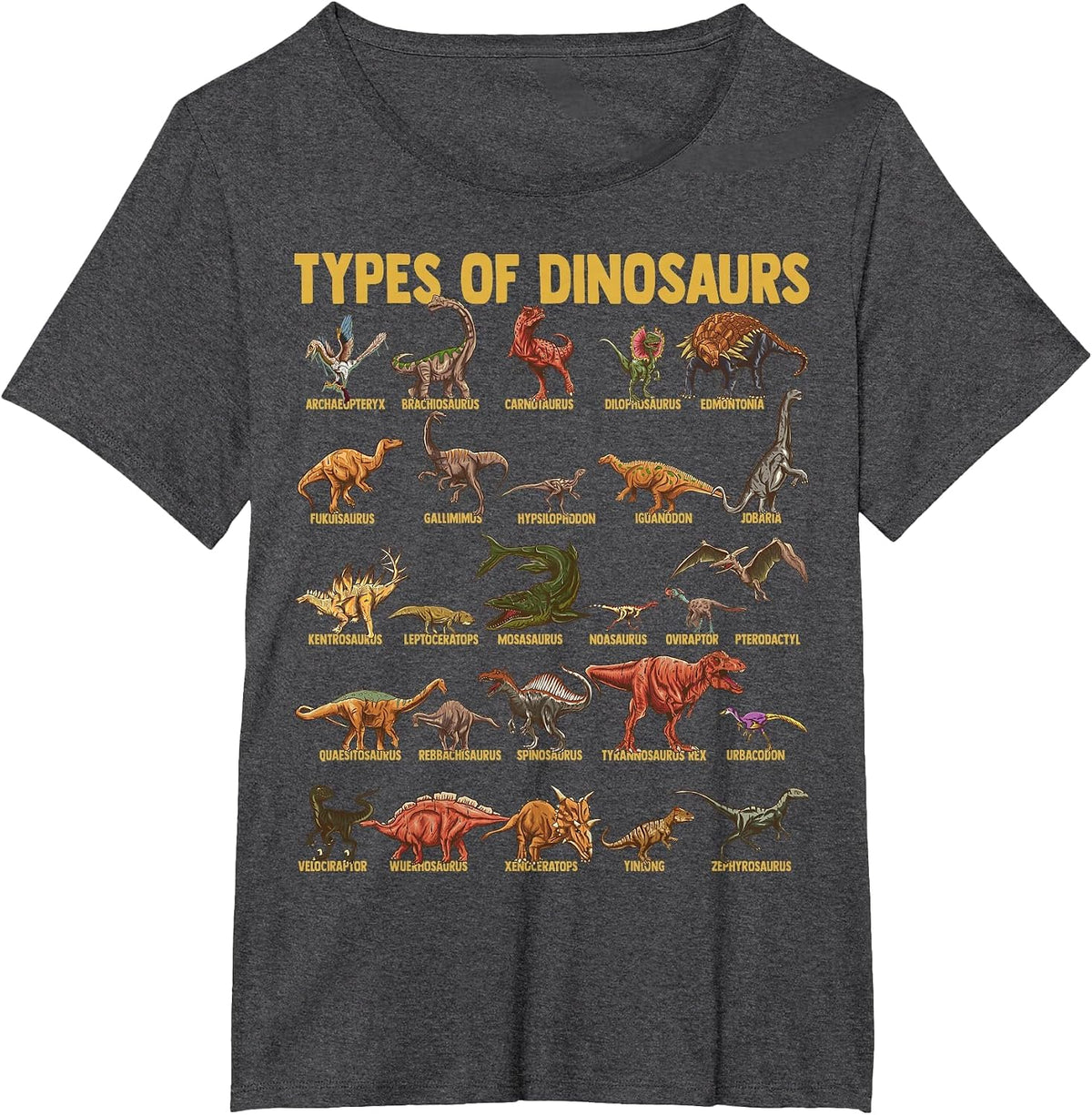 Types of Dinosaurs Dino Identification Chart with Names T-Shirt - Dark Heather Grey