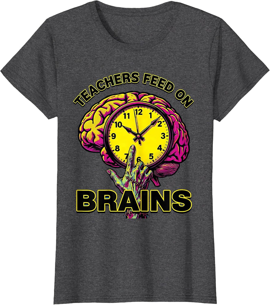 Women's Teachers Feed On Brains Pop Art Funny Halloween Teacher T-Shirt - Dark Heather Grey