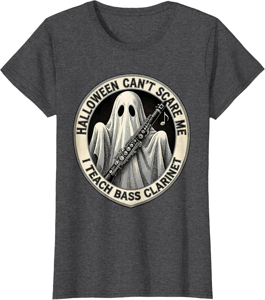 Women's Halloween Can't Scare Me, I Teach Bass Clarinet Teacher T-Shirt - Dark Heather Grey