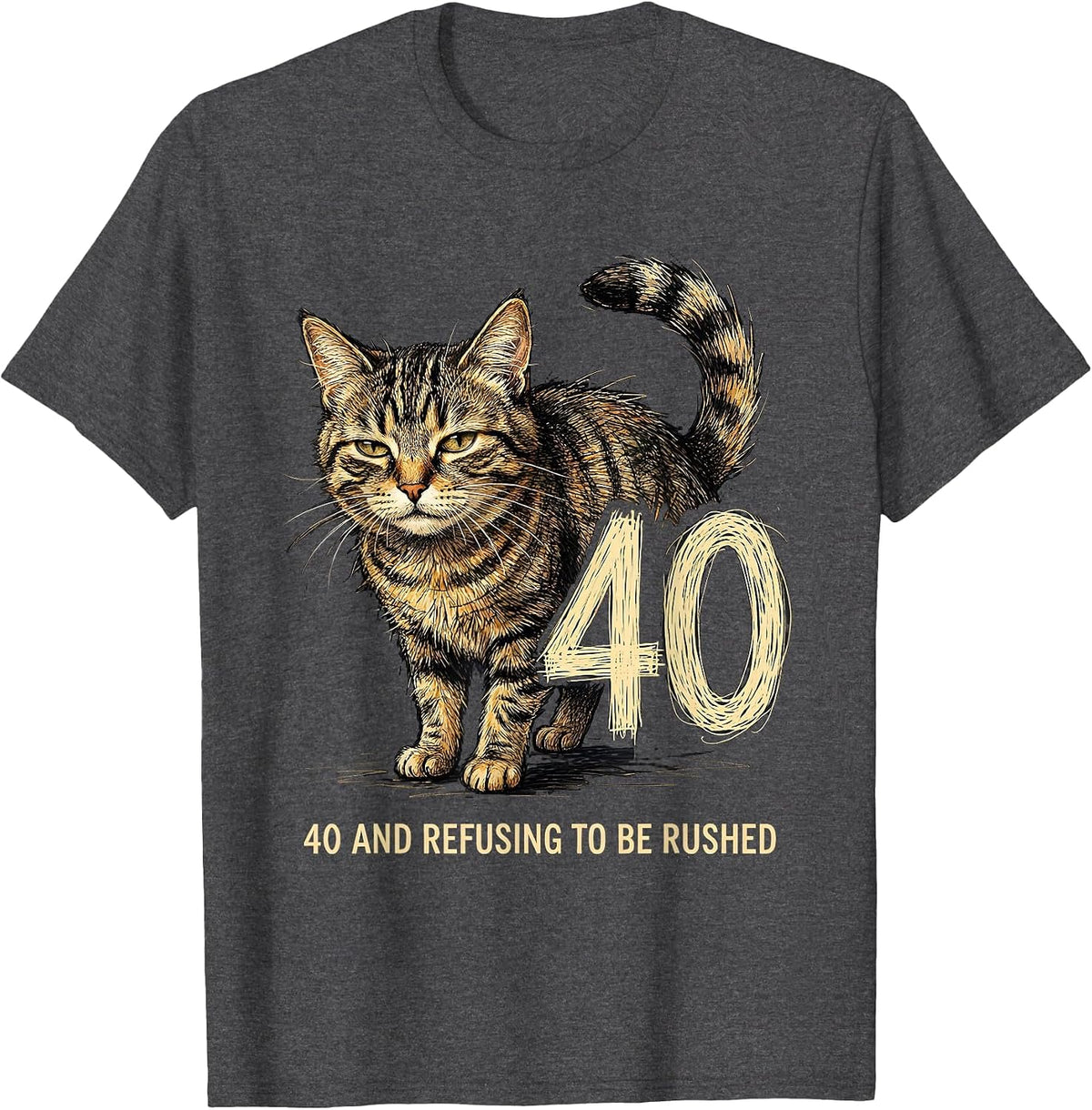 40 And Refusing To Be Rushed Playful Cat Birthday Humor T-Shirt - Dark Heather Grey