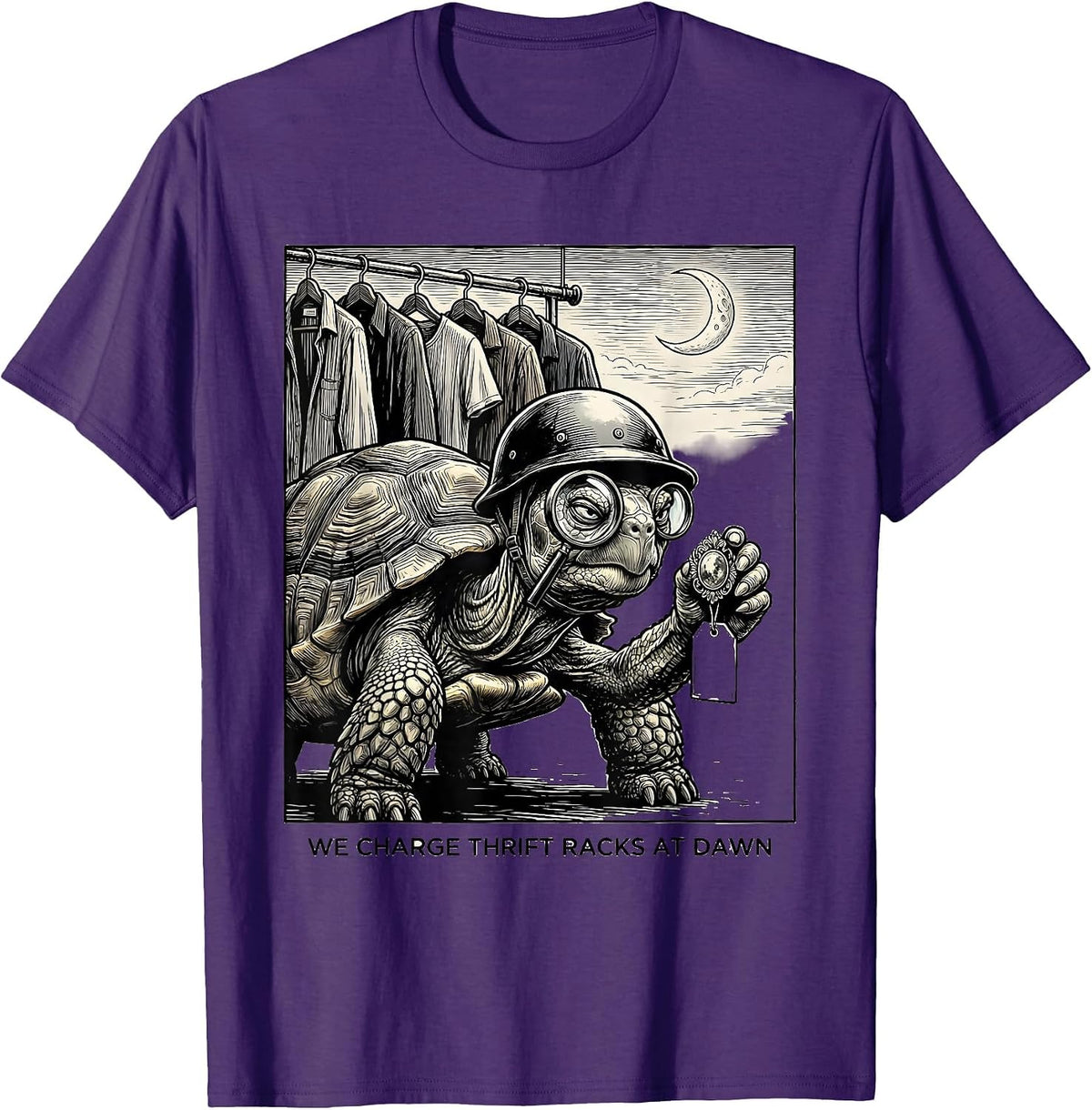 We Charge Thrift Racks At Dawn Funny Tortoise Vintage T-Shirt - Purple