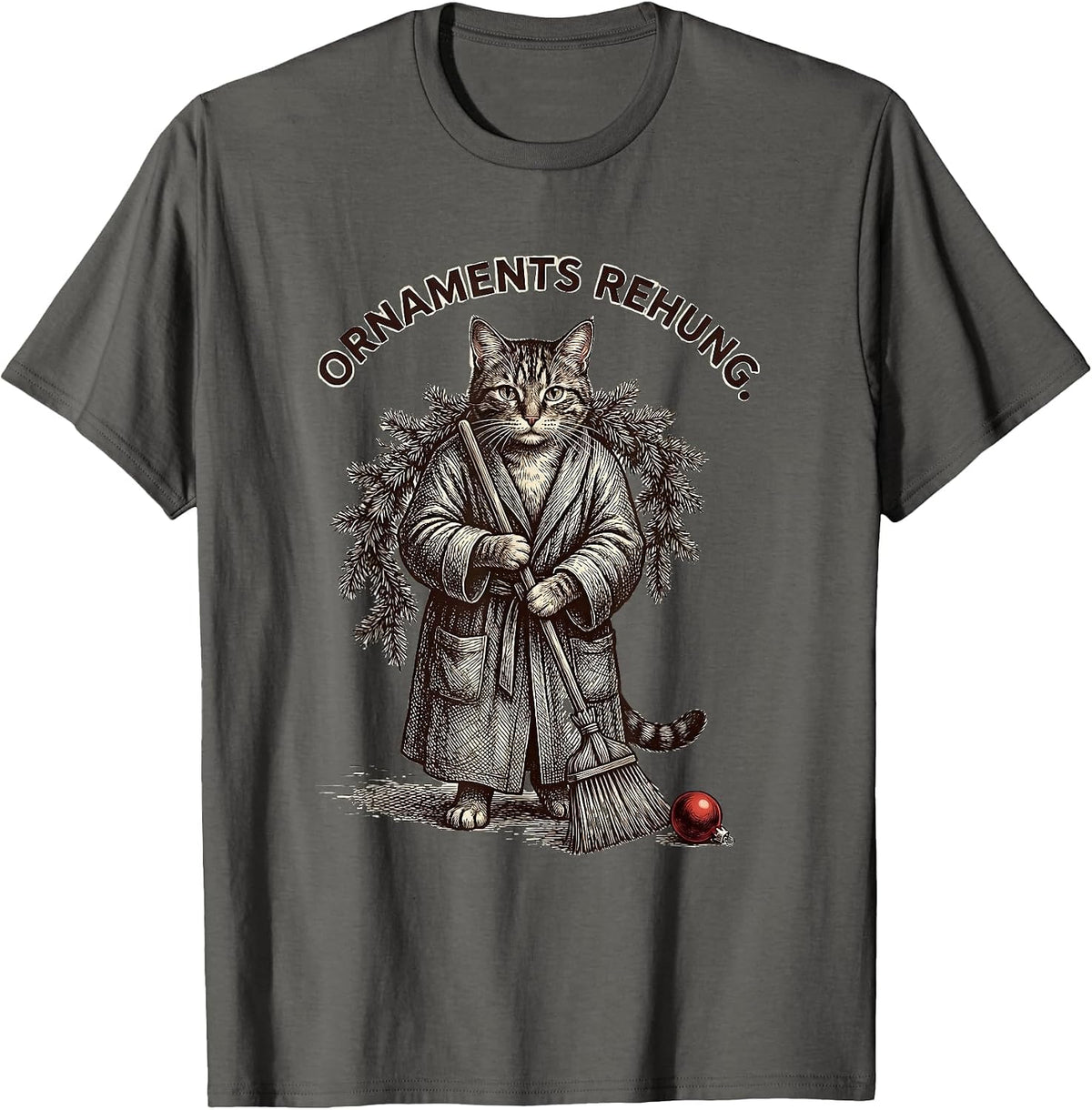 Ornaments Rehung Crosshatch Etching Funny Cat Lover Holiday T-Shirt - Asphalt Grey