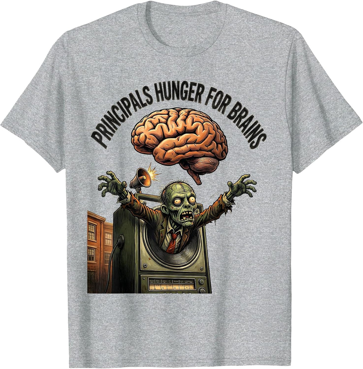 Men's Principals Hunger For Brains Funny Zombie Teacher Halloween T-Shirt - Heather Grey
