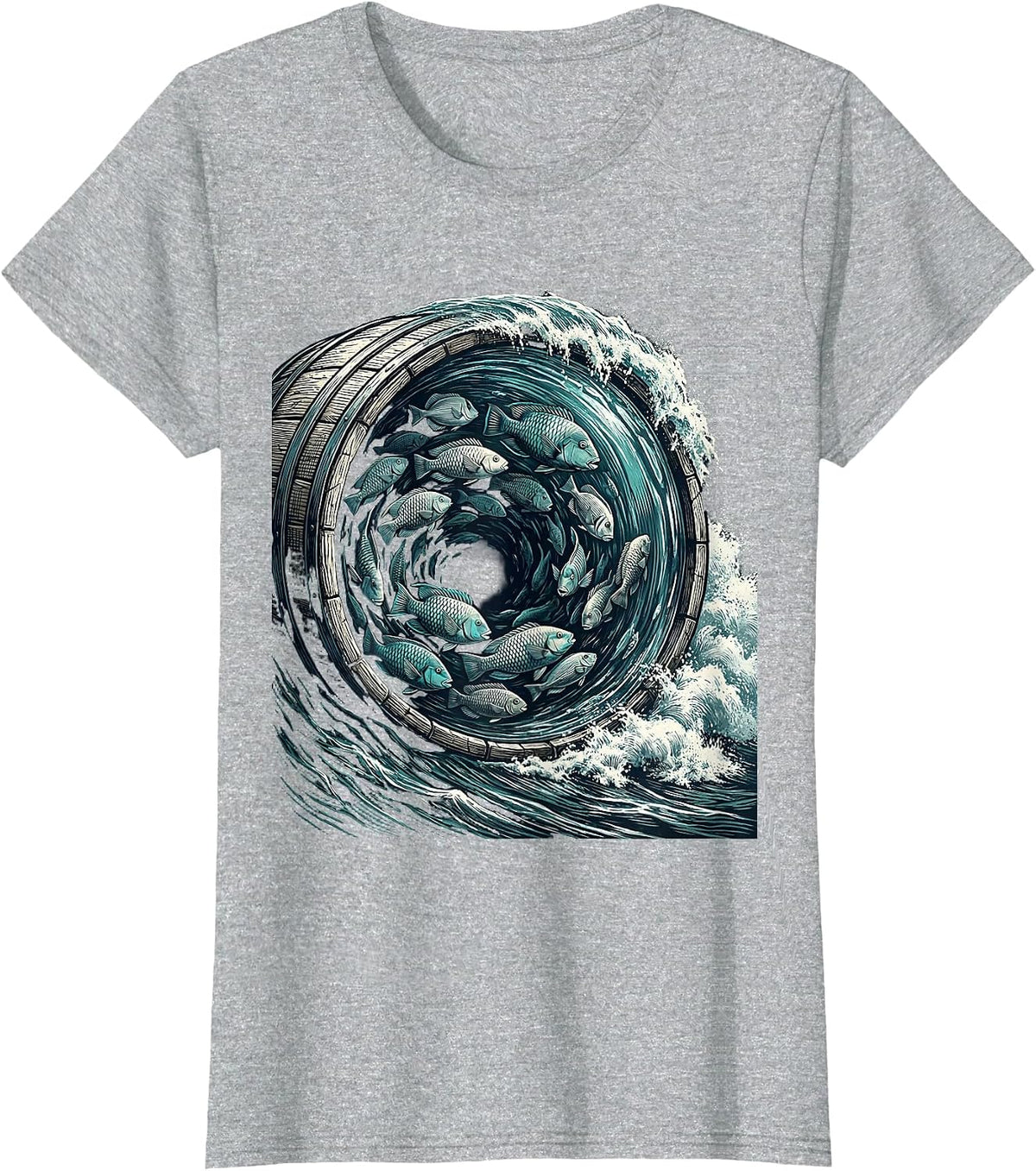 Tropical Fish Schooling Inside a Hollow Wave T-Shirt - Heather Grey