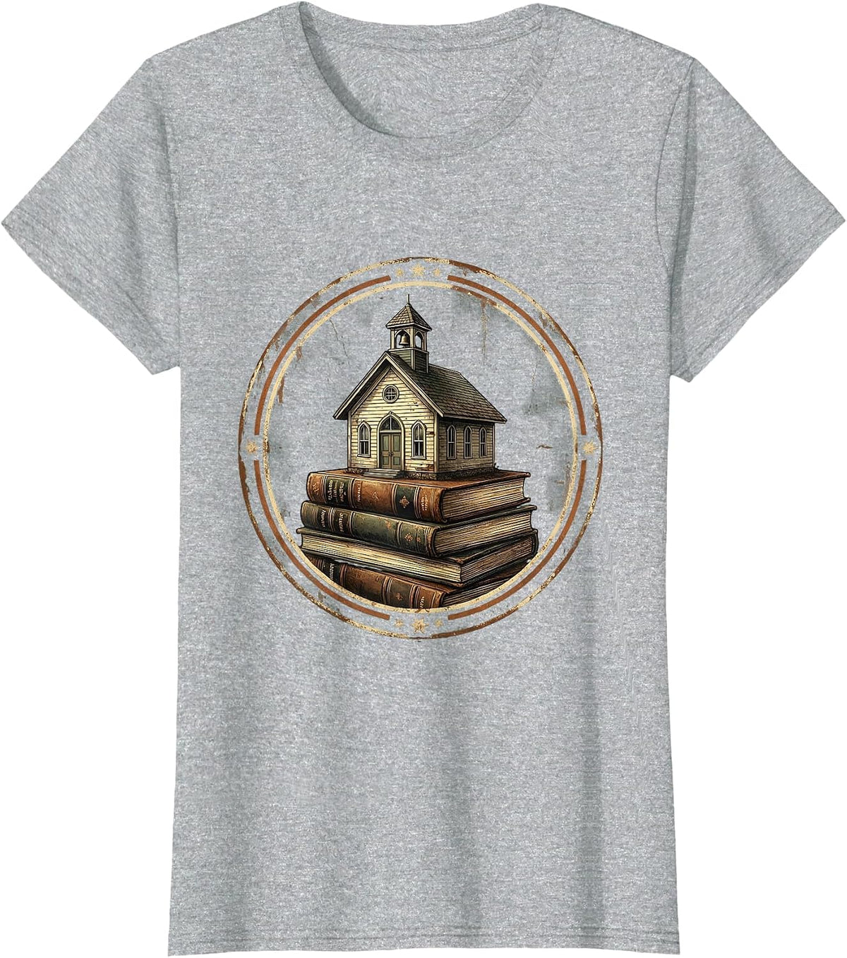 Third Grade Teacher Schoolhouse Books Illustration T-Shirt - Heather Grey