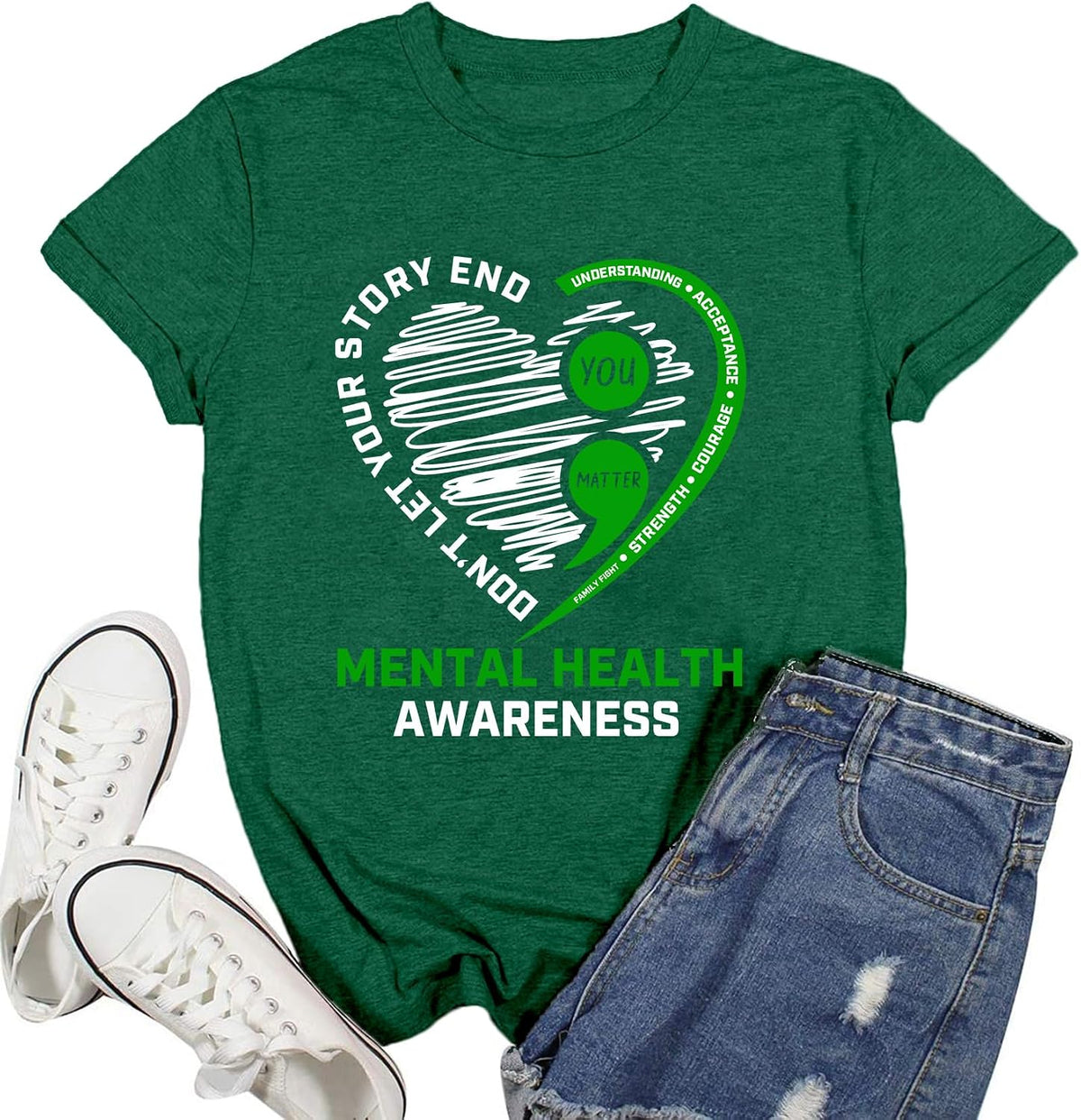 Women Mental Health Awareness Shirt Green Ribbon T-Shirt Inspirational Psychologist Therapist Tee Top - Green
