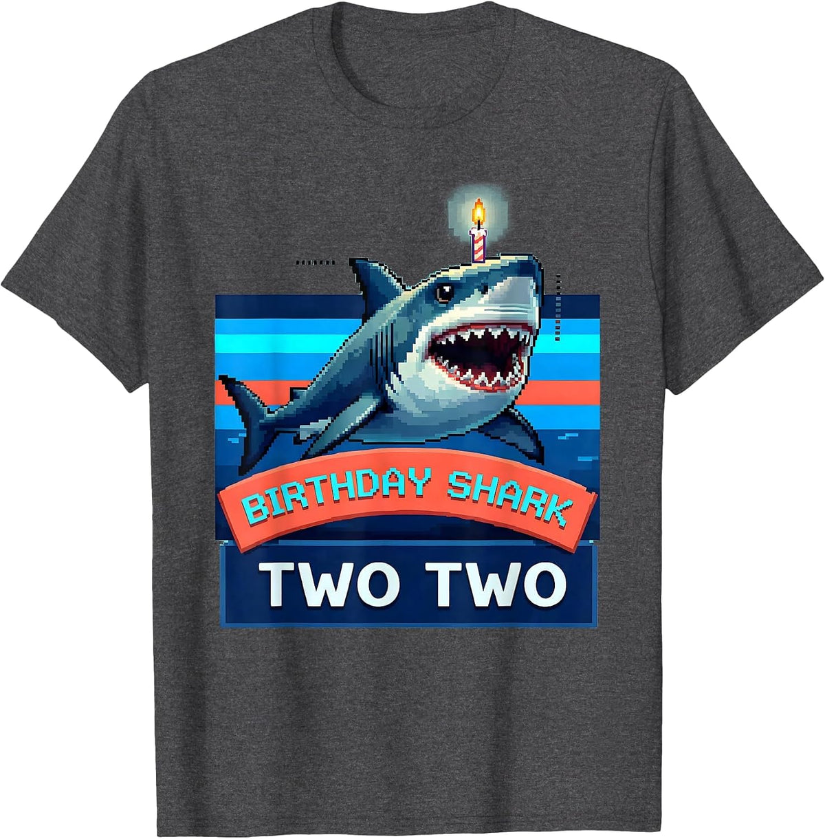 Men's Birthday Shark Two Two Pixel Art Kids Shark Party Age T-Shirt - Dark Heather Grey