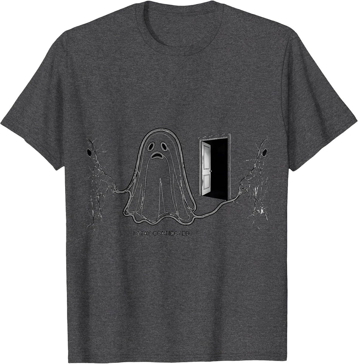 Men's I Stay Connected Supportive Humor Ghost Line Art Halloween T-Shirt - Dark Heather Grey