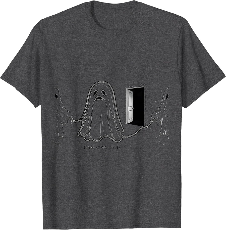 Men's I Stay Connected Supportive Humor Ghost Line Art Halloween T-Shirt - Dark Heather Grey