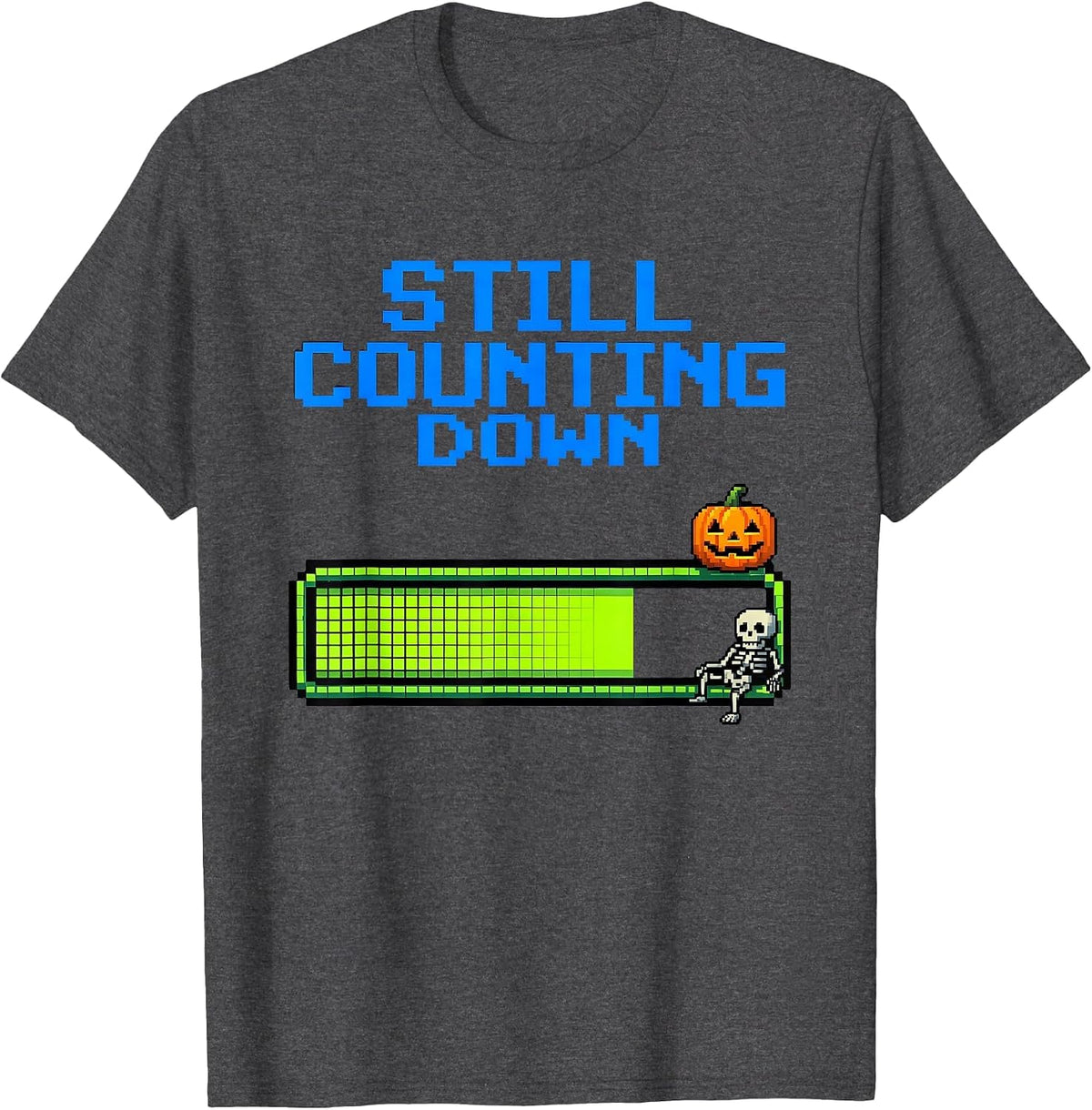 Men's Still Counting Down Pixel Art Summerween Skeleton Beach T-Shirt - Dark Heather Grey