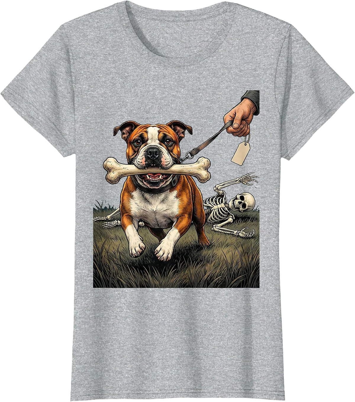 Bull Terrier Steals Bone Funny Skeleton Halloween Dog Mom T-Shirt - Heather Grey