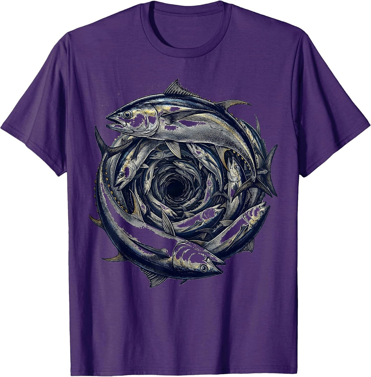 Tuna School Deep Blue Ocean Fishing Graphic T-Shirt - Purple
