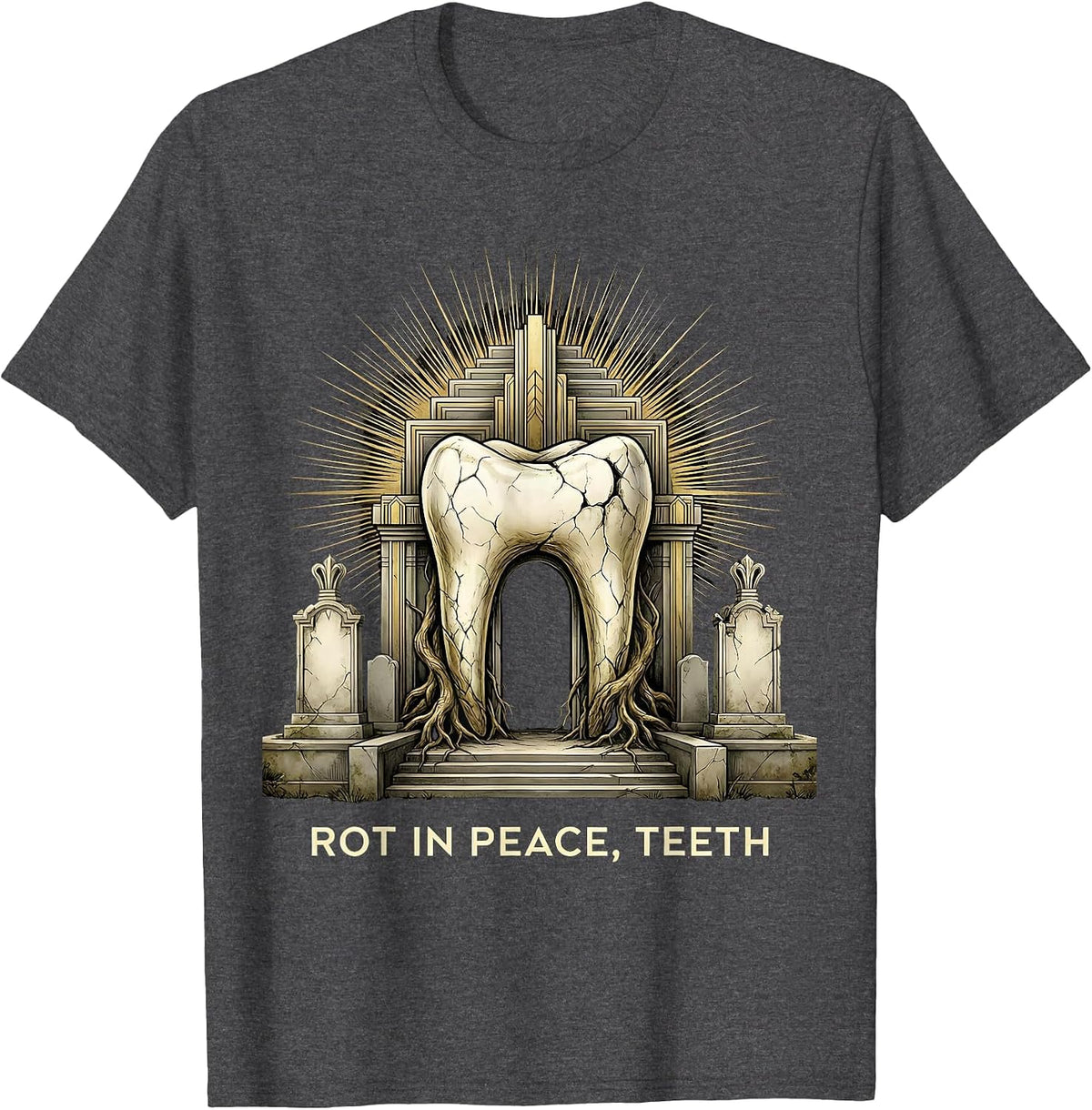 Men's Rot In Peace Teeth Halloween Dental Design T-Shirt - Dark Heather Grey