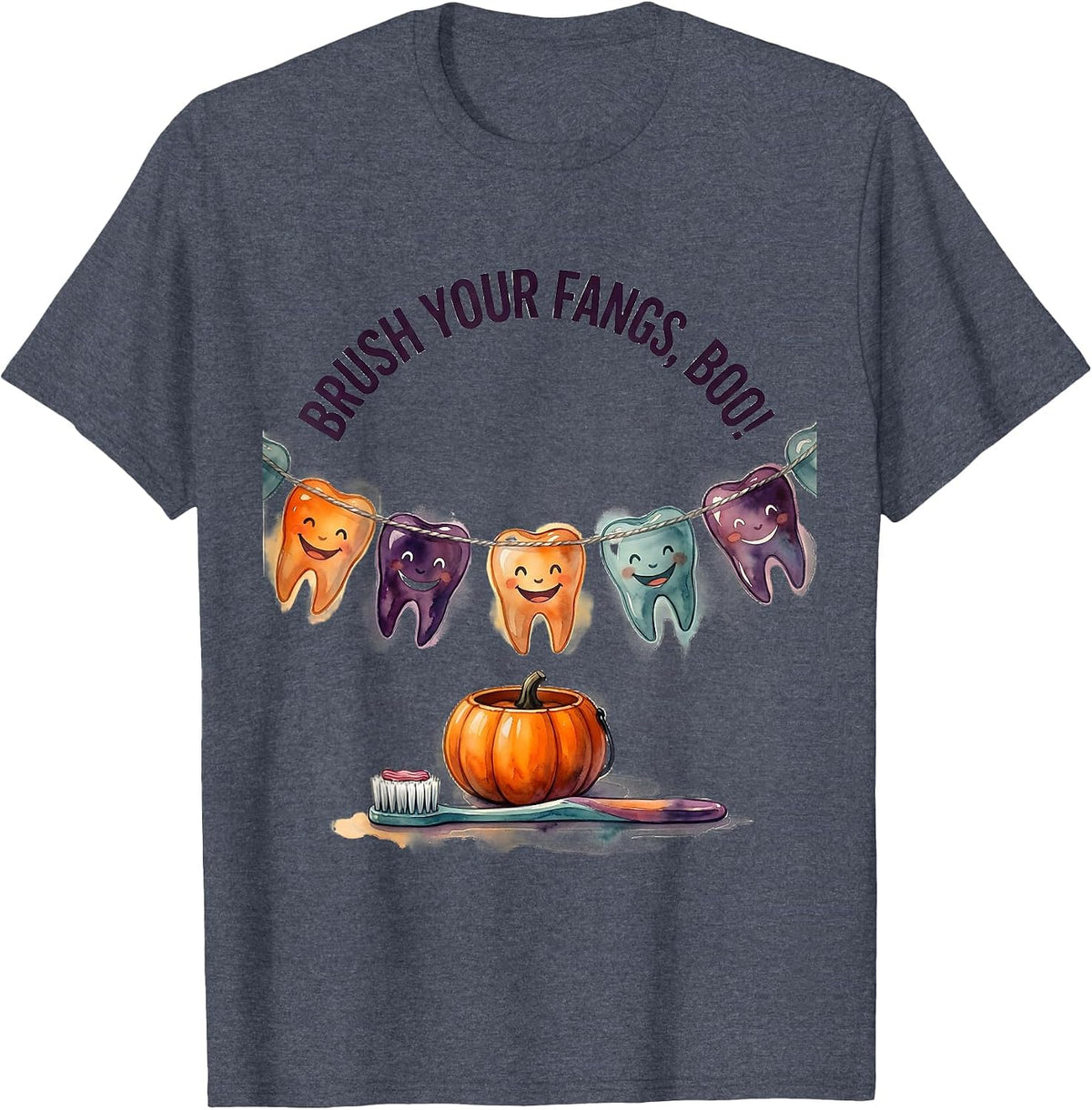 Brush Your Fangs, Boo! Watercolor Dental Humor Halloween T-Shirt - Heather Blue