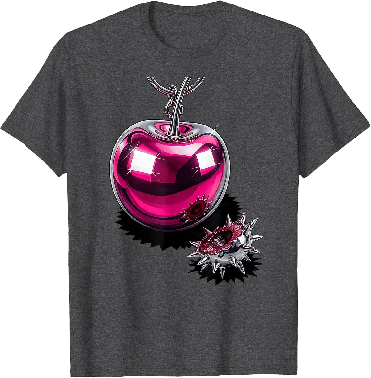 Men's Oversized Cherry Keychain Vaporwave Y2K Goth Alt T-Shirt - Dark Heather Grey