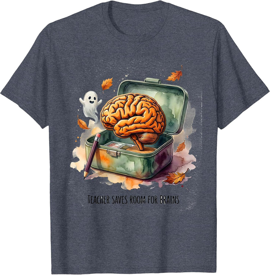 Teacher Saves Room For Brains Funny Teacher Halloween Humor T-Shirt - Heather Blue