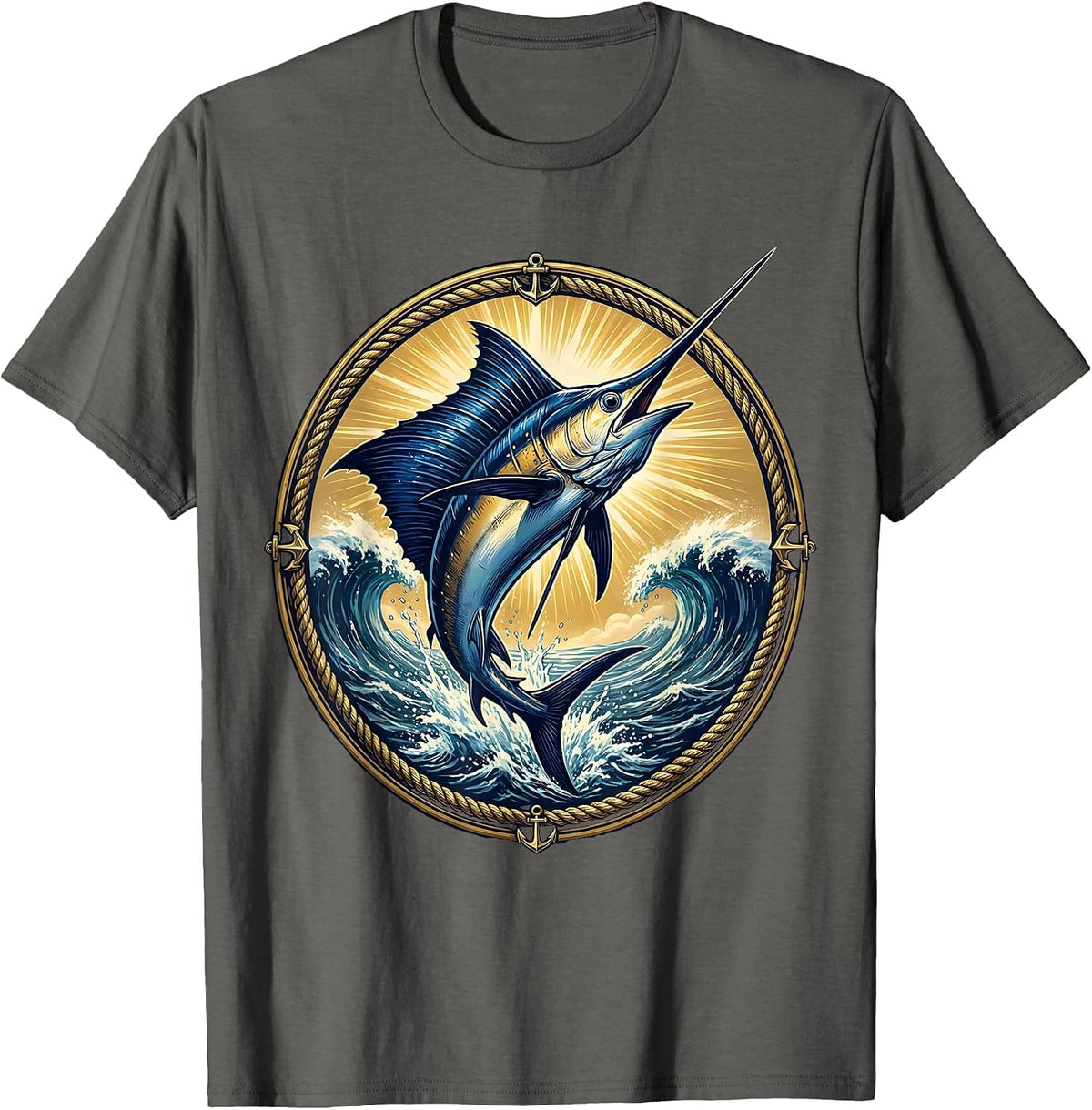 Marlin Leaping Ocean Hawaiian Graphic Design T-Shirt - Asphalt Grey