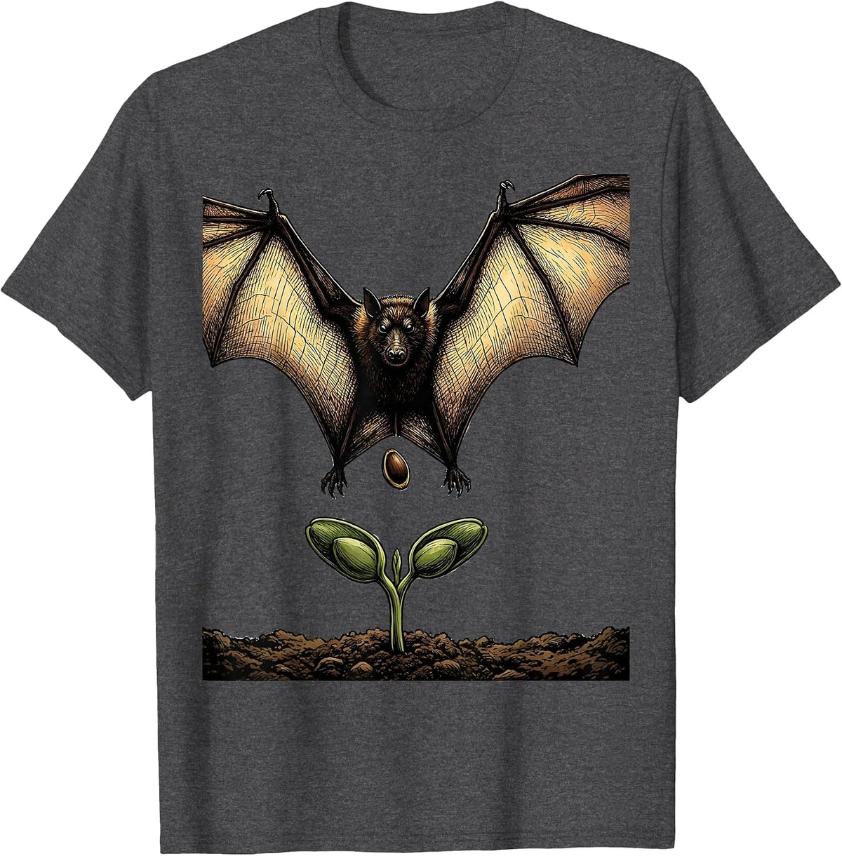 Men's Three-Quarter Fruit Bat Vintage Nature Illustration T-Shirt - Dark Heather Grey