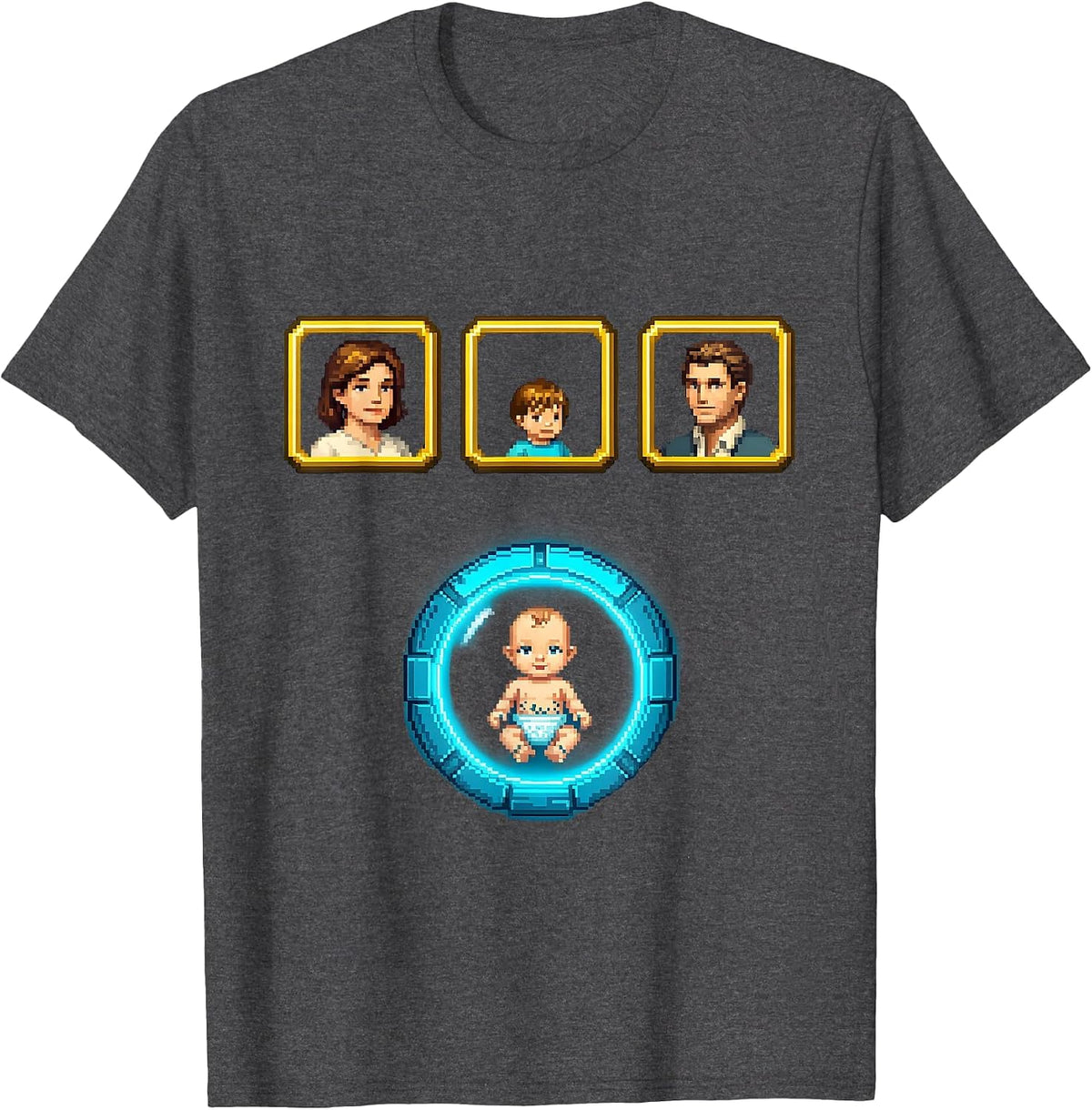 Men's Pixel Party Roster Gamer Dad Pregnancy Announcement T-Shirt - Dark Heather Grey