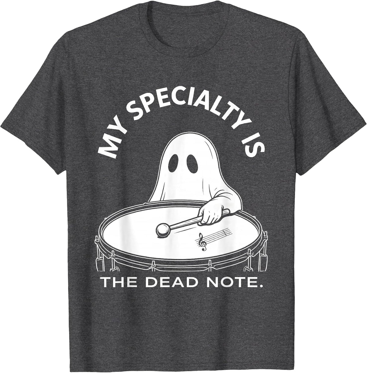 My Specialty Is The Dead Note Whimsical Ghost Musician T-Shirt - Dark Heather Grey
