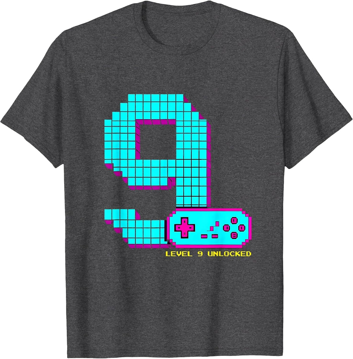 Level 9 Unlocked Pixel Art Gamer Birthday Gift T-Shirt - Dark Heather Grey