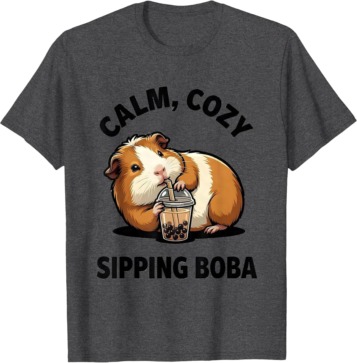 Men's Calm Cozy Sipping Boba Cute Kawaii Guinea Pig Anime Girl T-Shirt - Dark Heather Grey