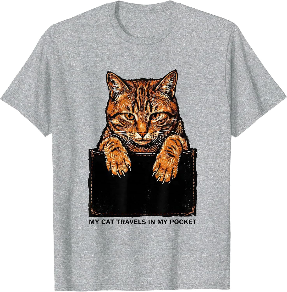 Men's My Cat Travels In My Pocket Playful Cat Lover Linocut T-Shirt - Heather Grey