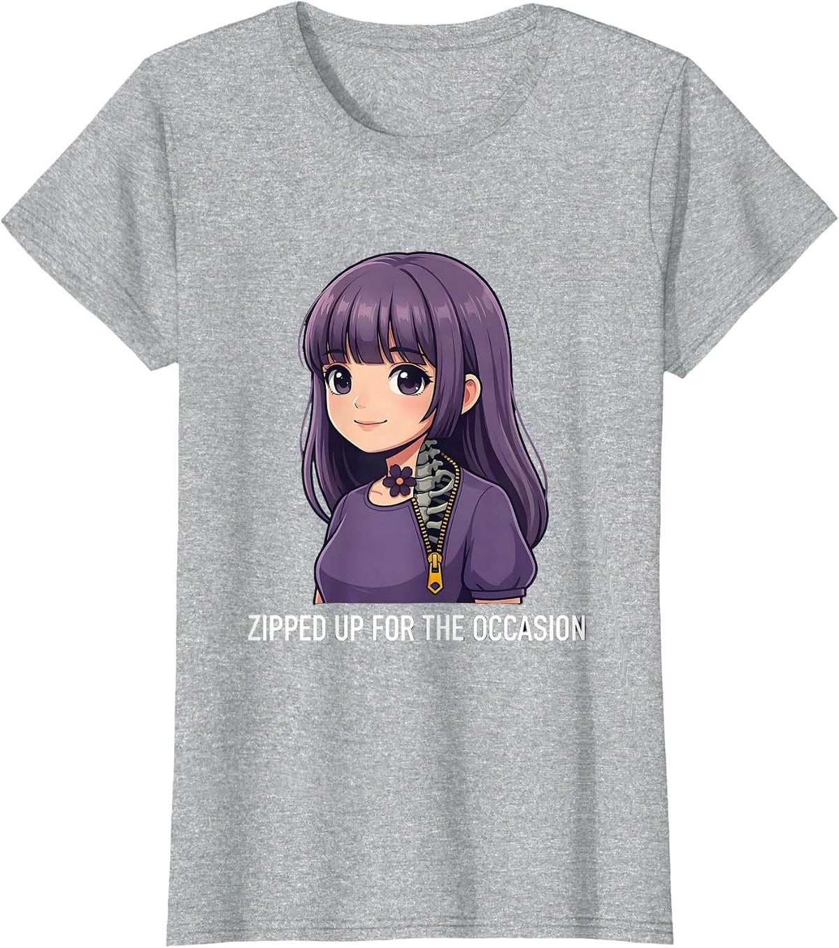 Women's Zipped Up For The Occasion Creepy Kawaii Goth Anime Horror T-Shirt - Heather Grey