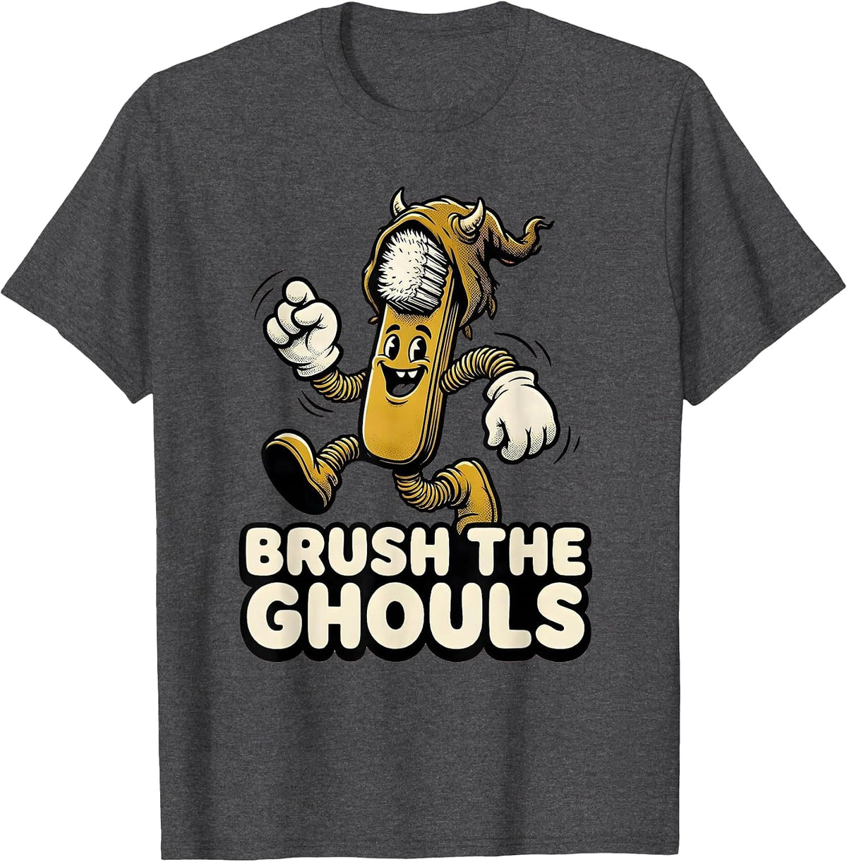 Men's Brush the Ghouls Retro Cartoon Halloween Dentist Dental T-Shirt - Dark Heather Grey