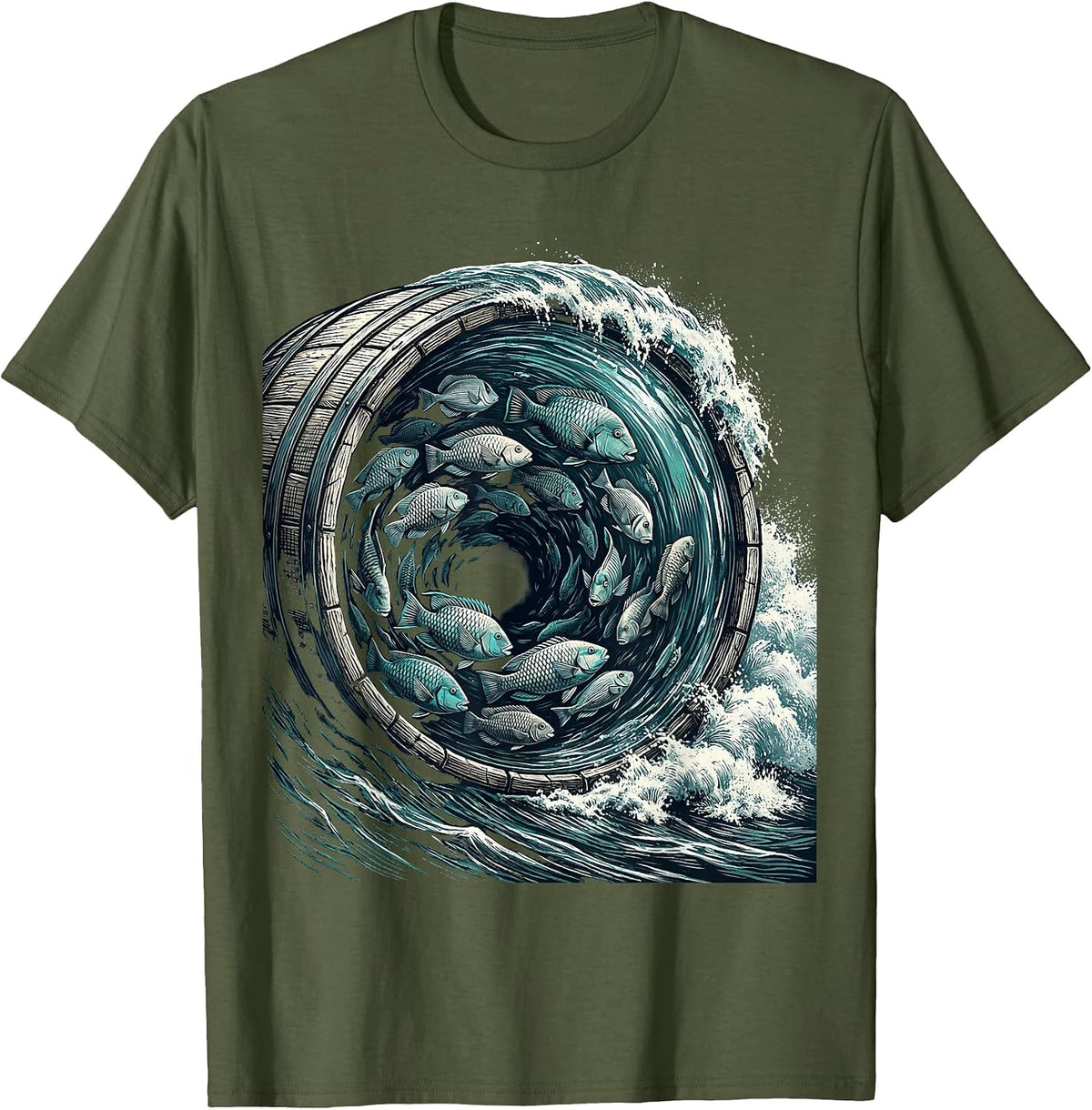 Tropical Fish Schooling Inside a Hollow Wave T-Shirt - Olive Green