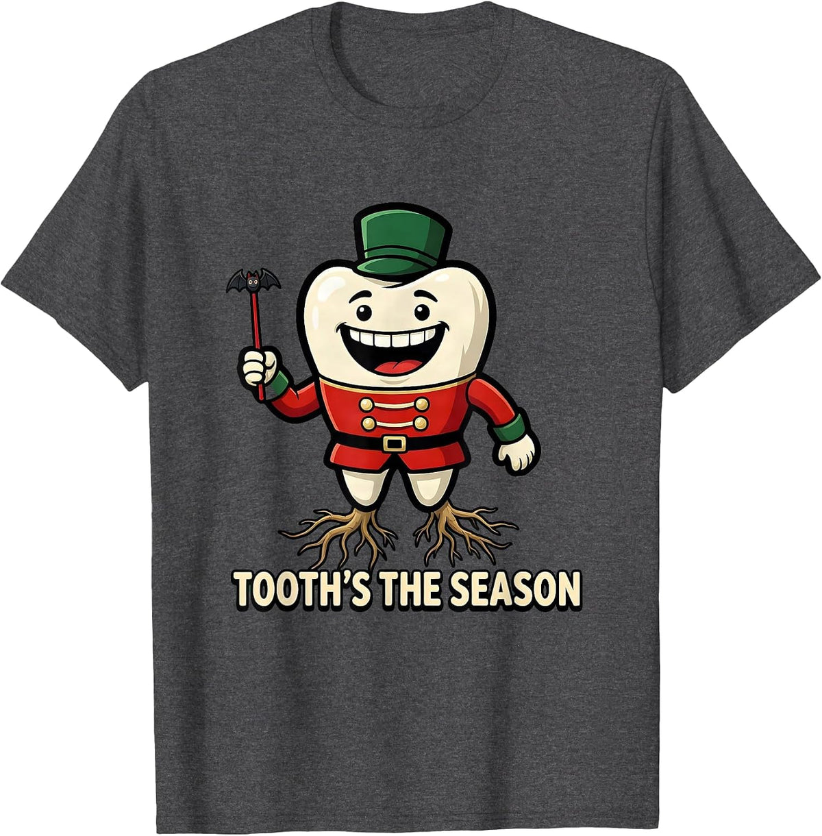 Men's Tooth's the Season Funny Cartoon Dentist Christmas Dental T-Shirt - Dark Heather Grey