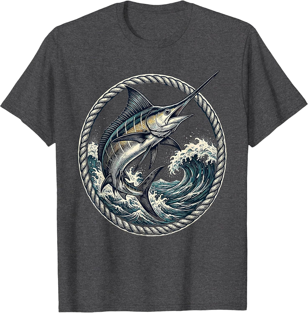 Caribbean Swordfish Leaping Ocean Waves Graphic T-Shirt - Dark Heather Grey