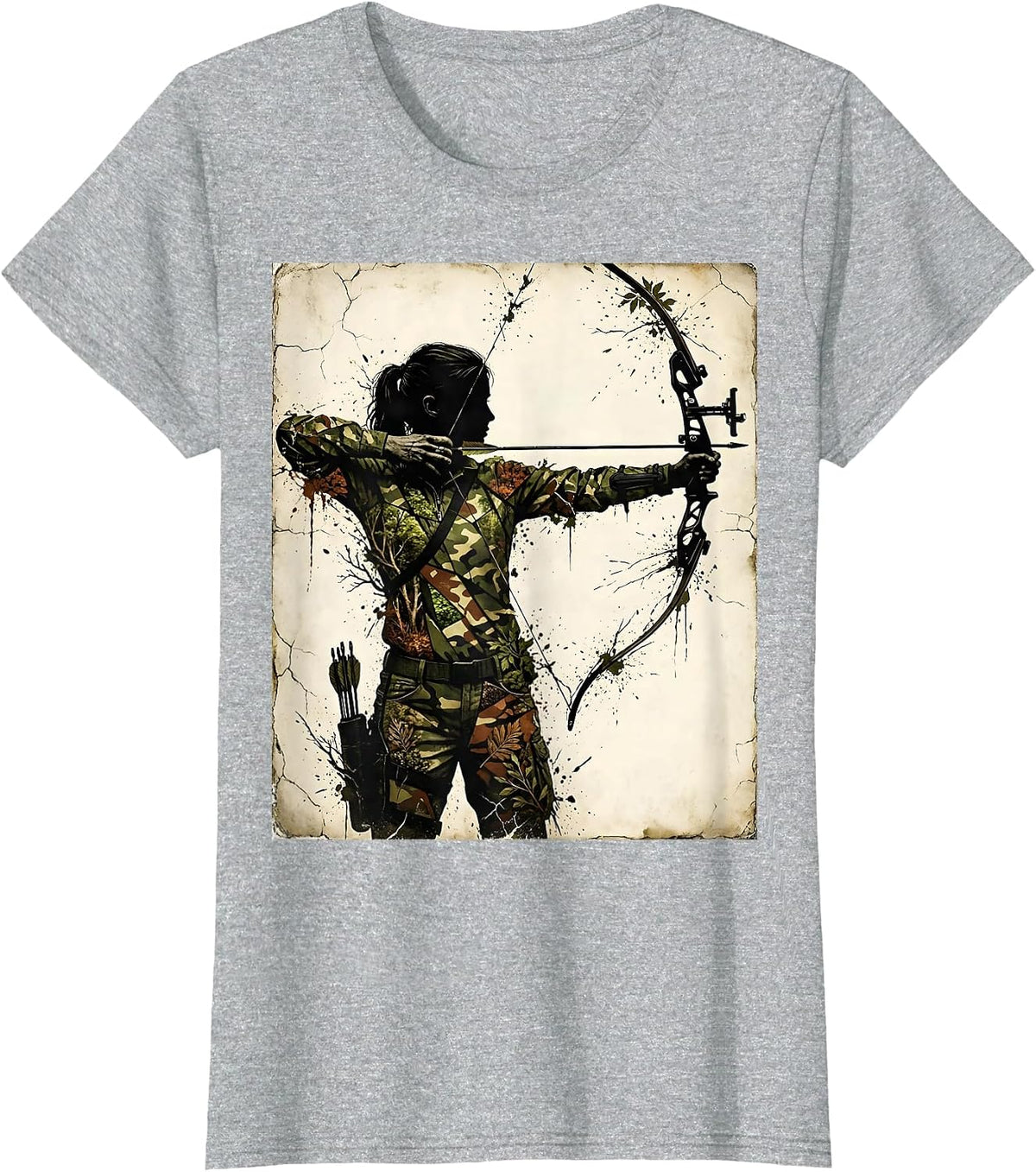Woodland Camo Archer Drawing Bow Illustration T-Shirt - Heather Grey
