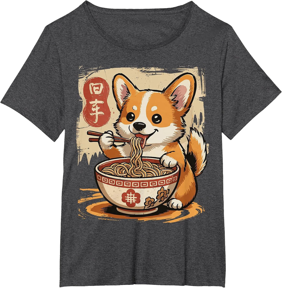 Corgi Eating Ramen T-Shirt - Dark Heather Grey