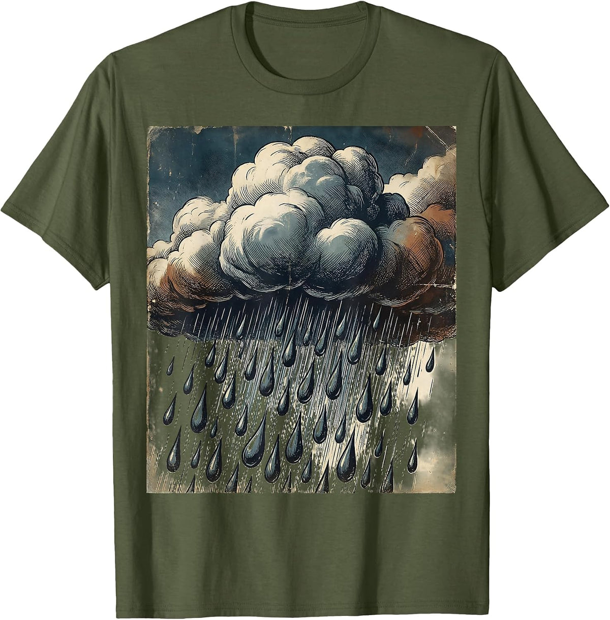 Storm Cloud Heavy Rain Downpour Graphic T-Shirt - Olive Green