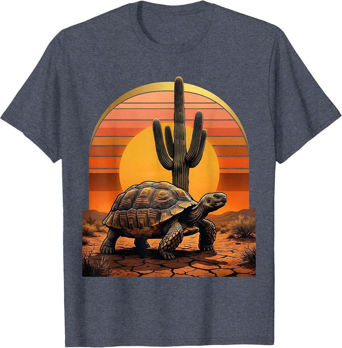 Desert Tortoise and Cactus Mexico Wildlife Art T-Shirt - Heather Blue